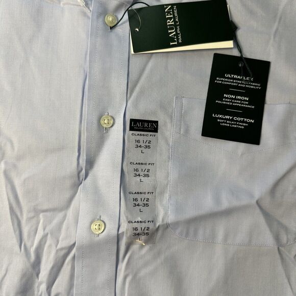 Mens NWT Lauren Ralph Lauren Classic Fit Stretch Blue Large Button Down Shirt - Picture 2 of 9